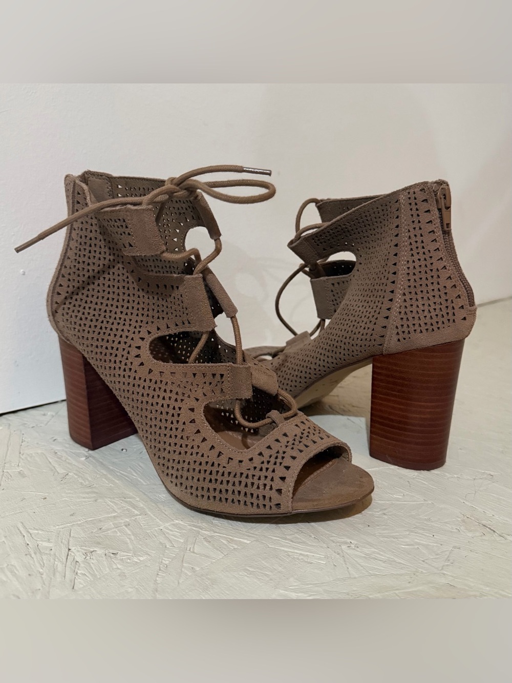Crown Vintage Taupe Lace-Up Peep Toe Block Heel Booties